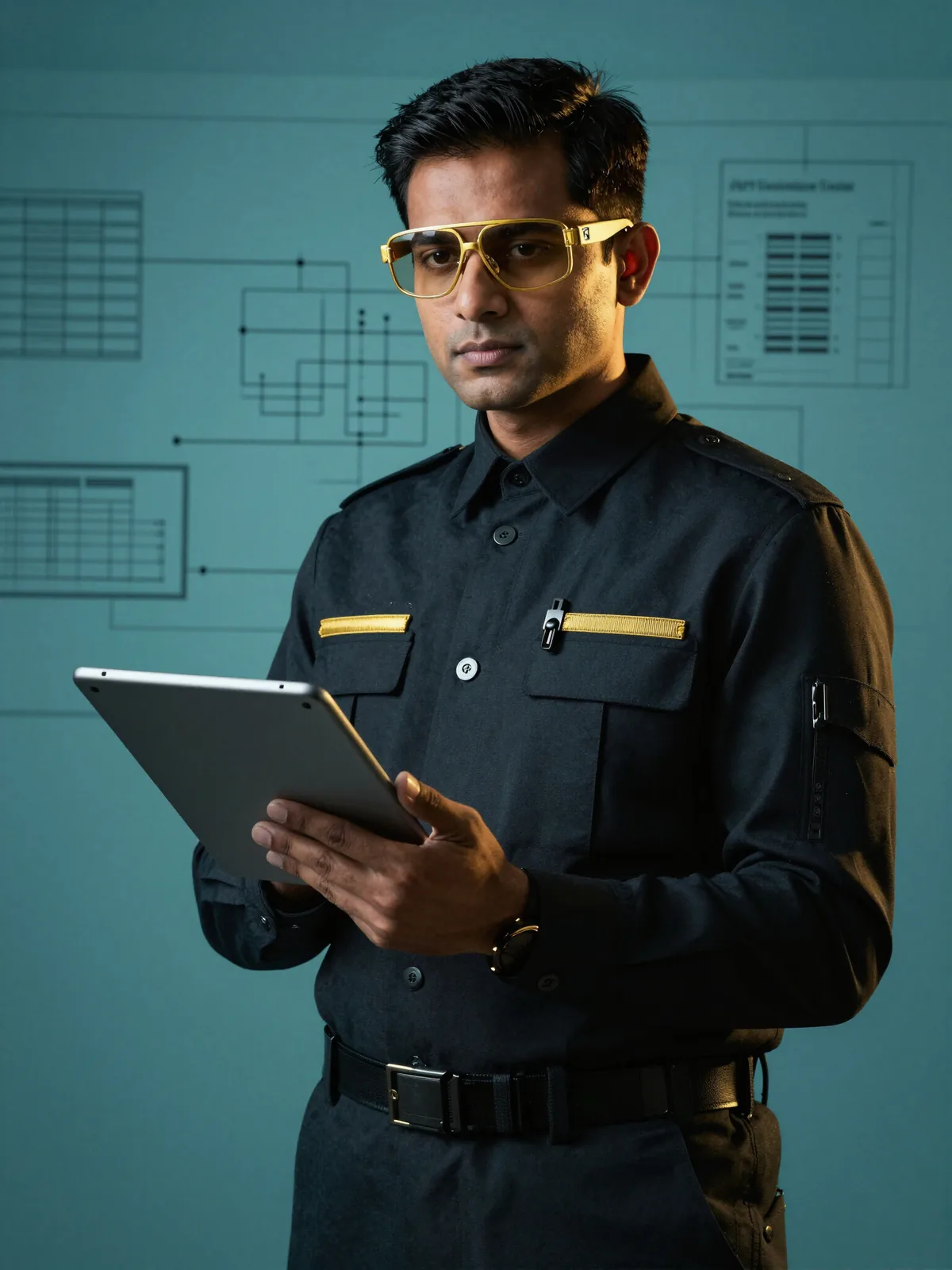 Strategist holding a tablet in front of search data charts